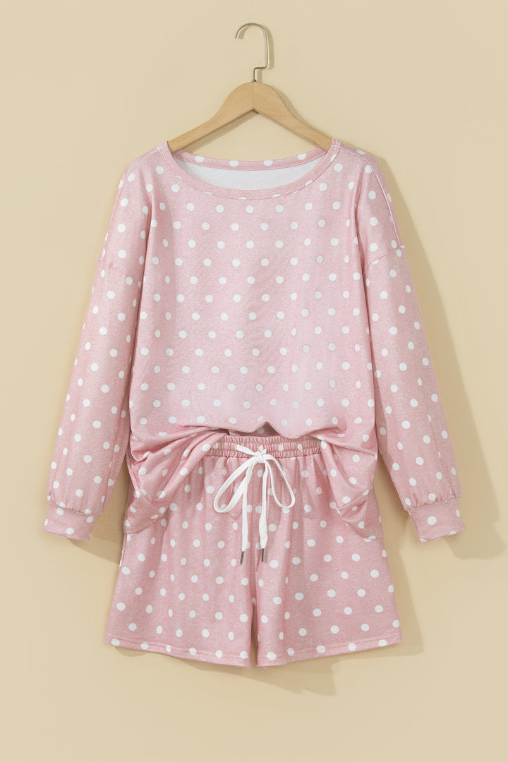 Pink Polka Dot Long Sleeve Top Drawstring Shorts Loose 2pcs Set