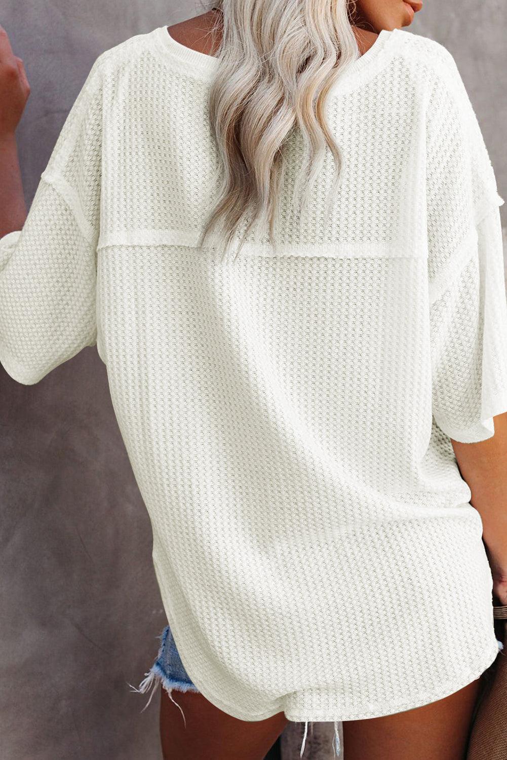 White Waffle Knit Drop Shoulder Loose Top