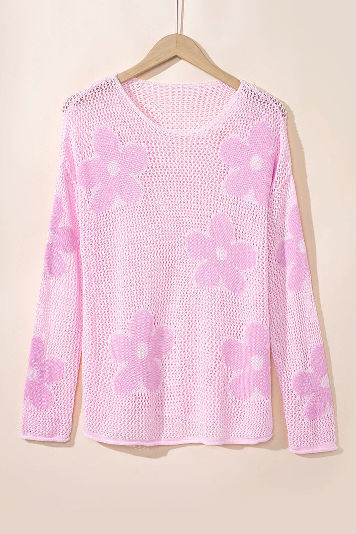 Dulce Big Flower Hollowed Knit Drop Shoulder Sweater