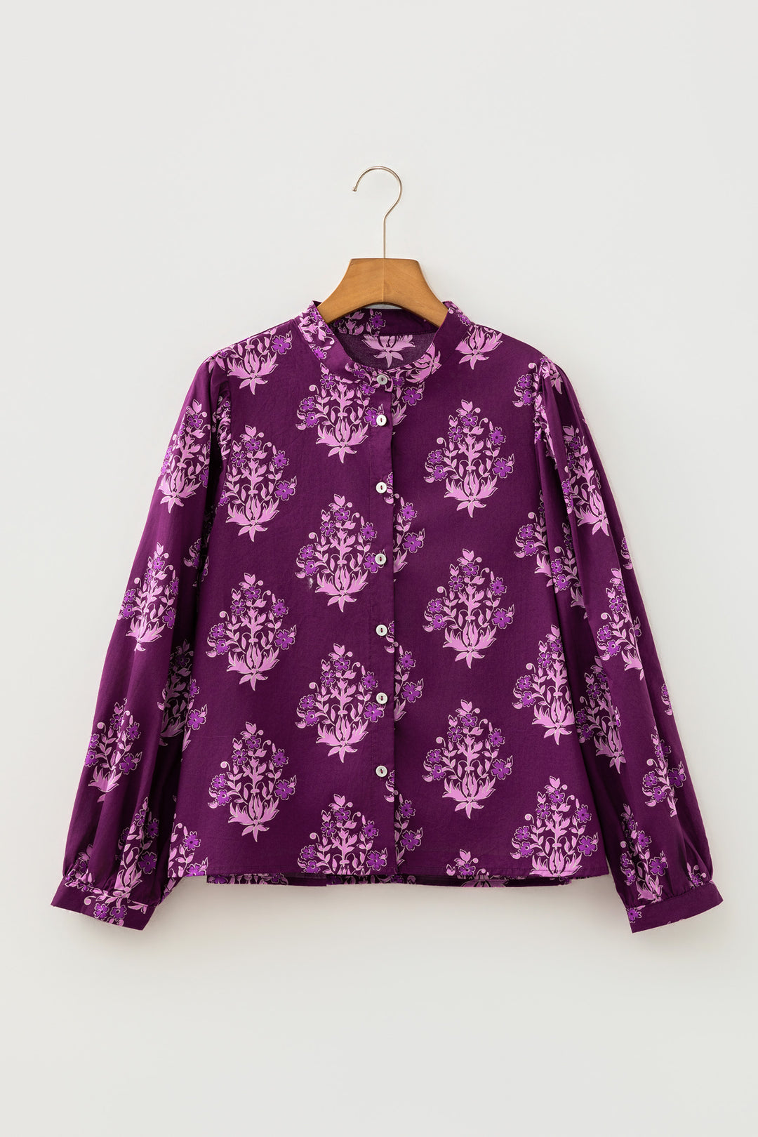 Purple Floral Print Button-Up Long Puff Sleeve Loose Shirt