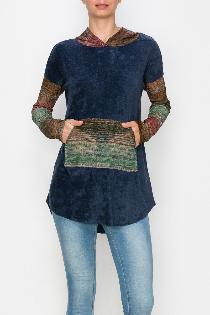 Hooded Color Block Long Sleeve Top - Navy