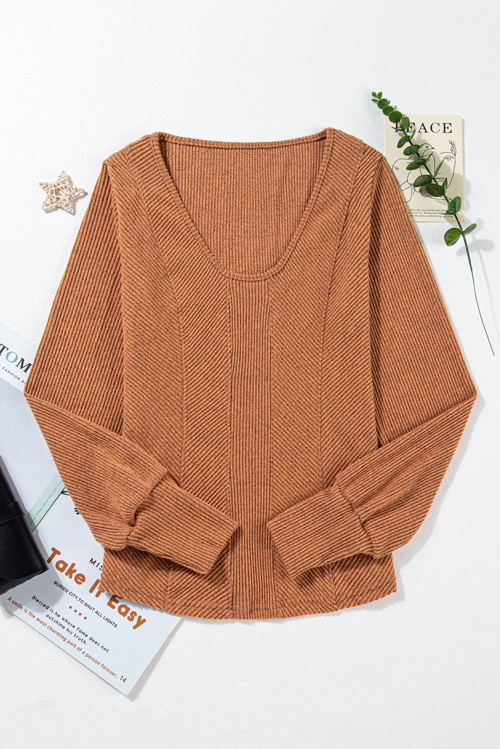 Brown U Neck Textured Long Sleeve Top