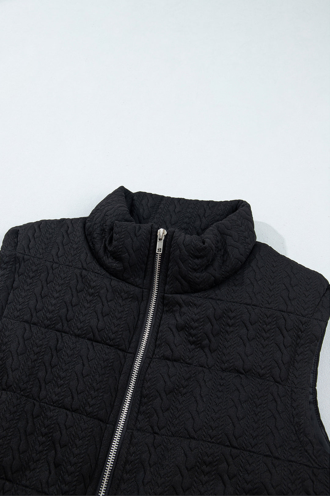 Black Textured Quilted Stand Neck Zipper Winter Vest