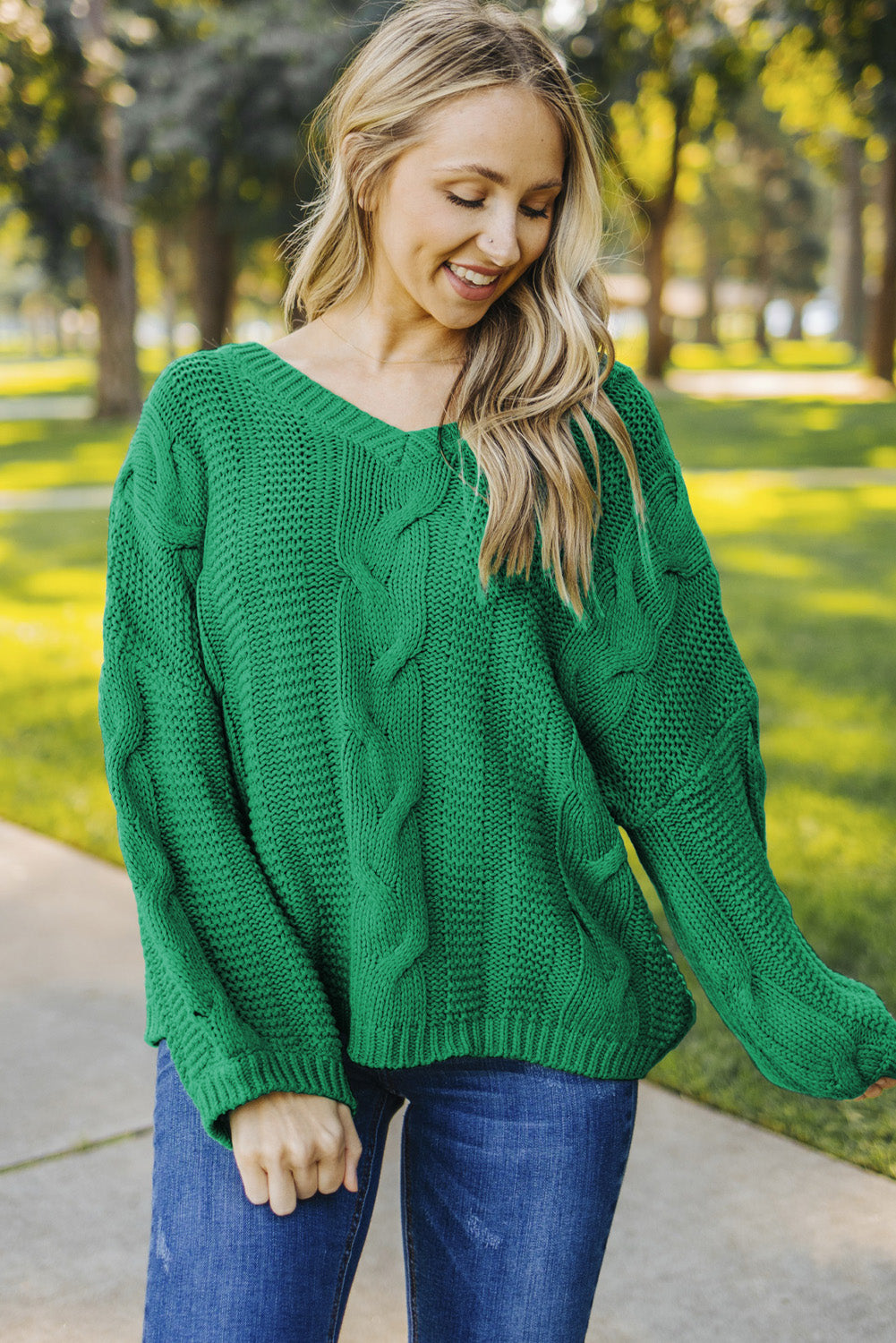 Green Bubblegum V-Neck Braided Knit Sweater