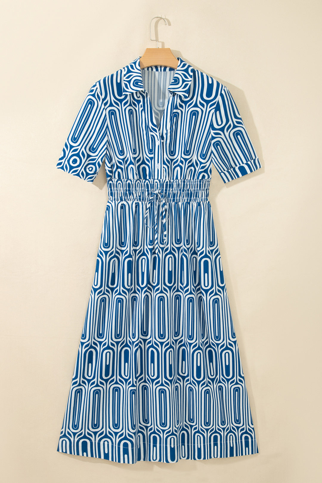 Blue Geometric Print Short Sleeve Drawstring Shirt Collar Dress