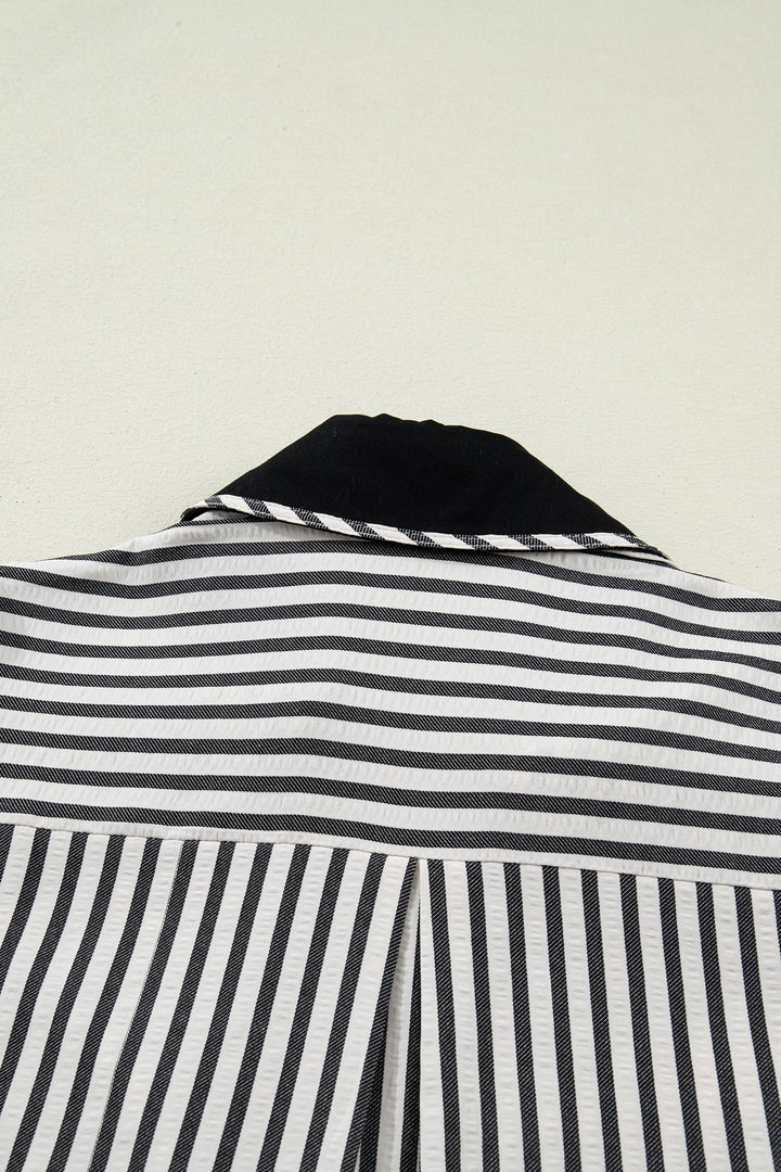 Black Stripe Collared Split Neck Short Bubble Sleeve Blouse