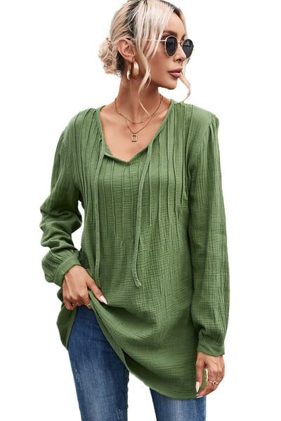 Green Casual Pleated V Neck Textured Loose Top