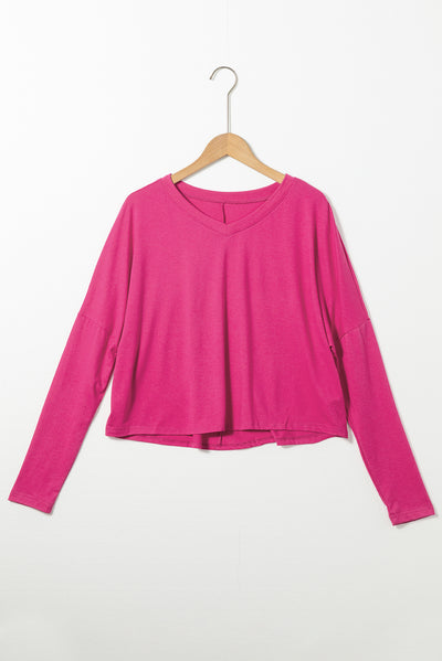 Rose Red Loose V Neck Dropped Long Sleeve Top