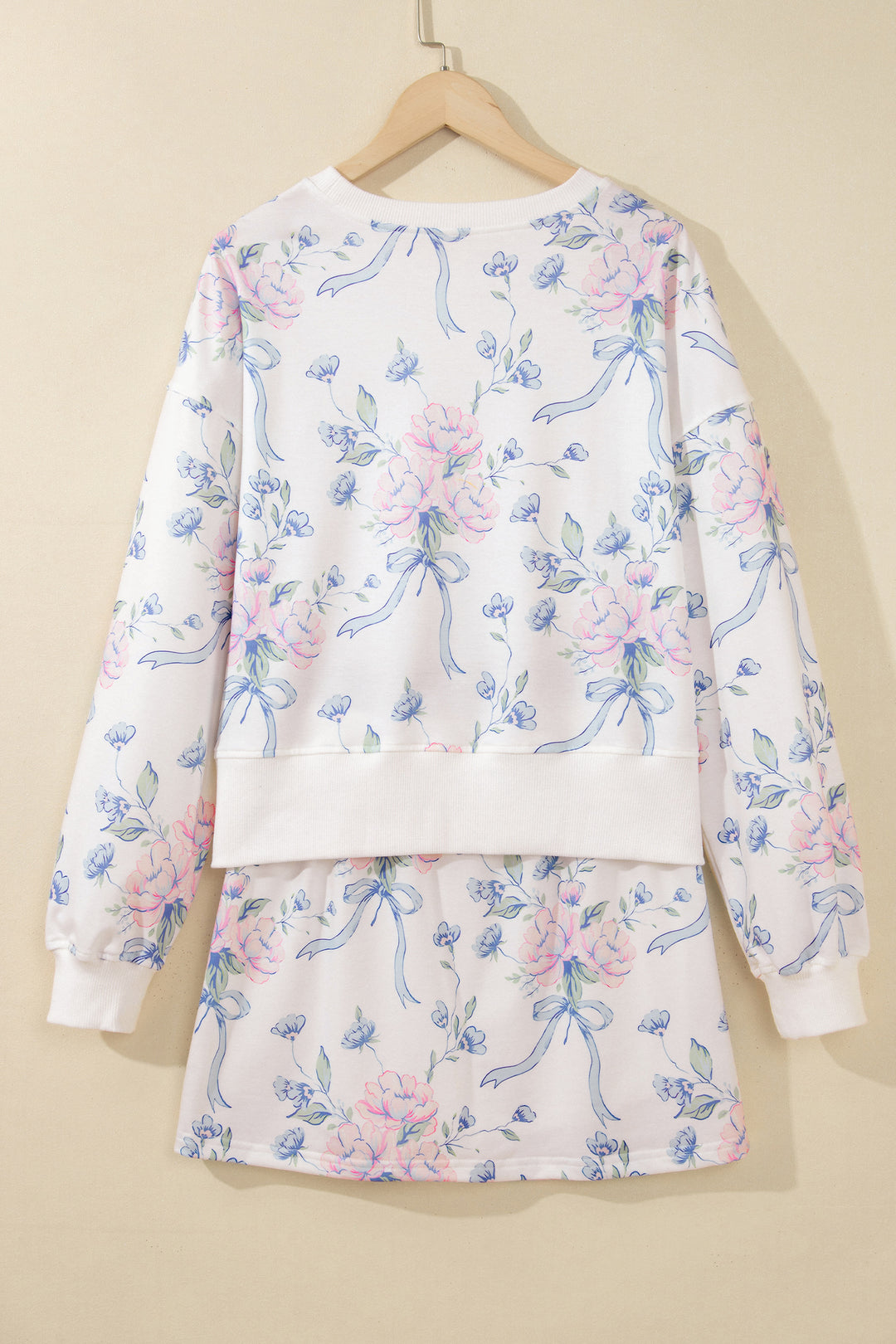 White Floral Print Long Sleeve Top Elastic Waist Skort Two Piece Dresses