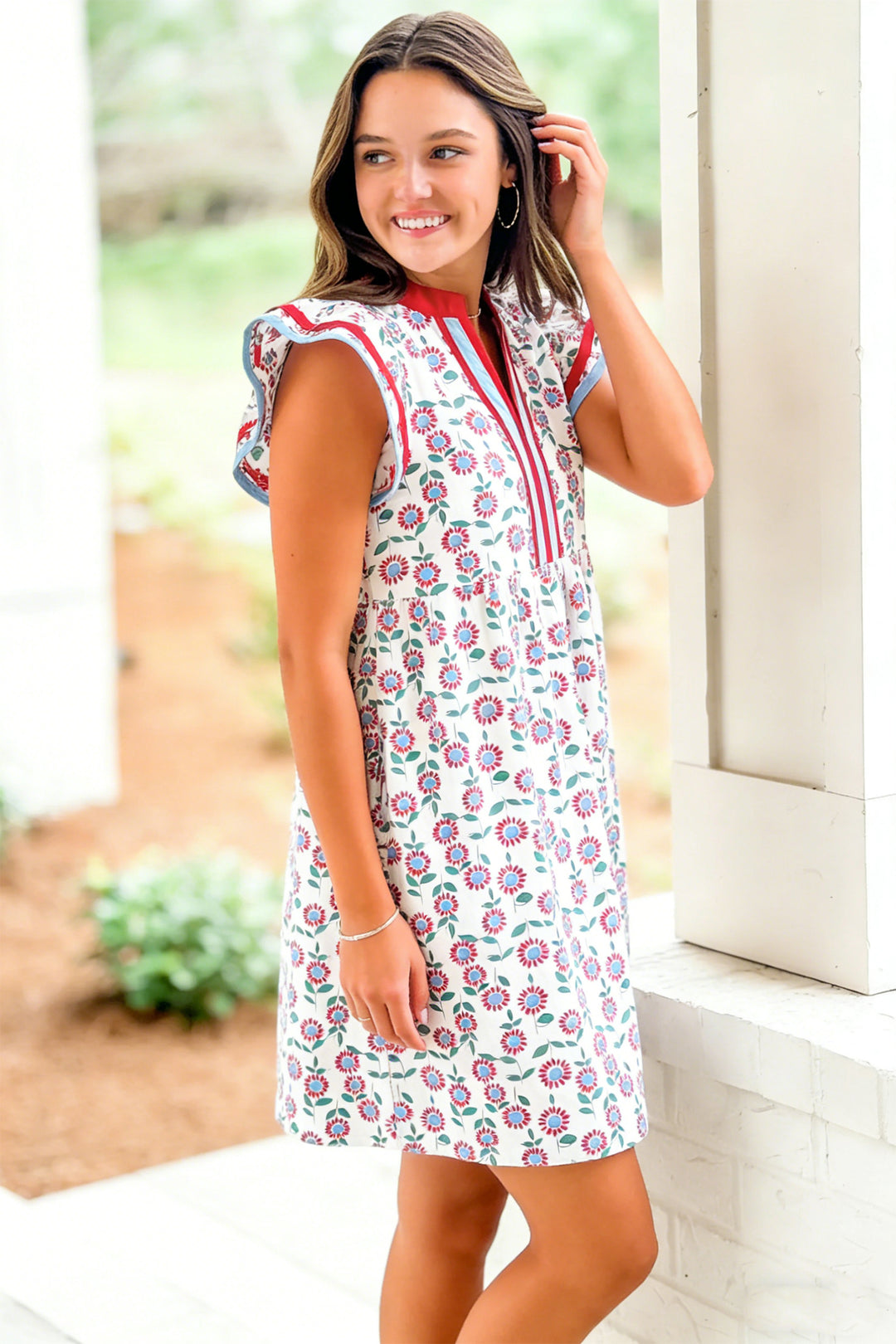 Sky Blue Floral Print Contrast Trim Flutter Sleeve Mini Dress