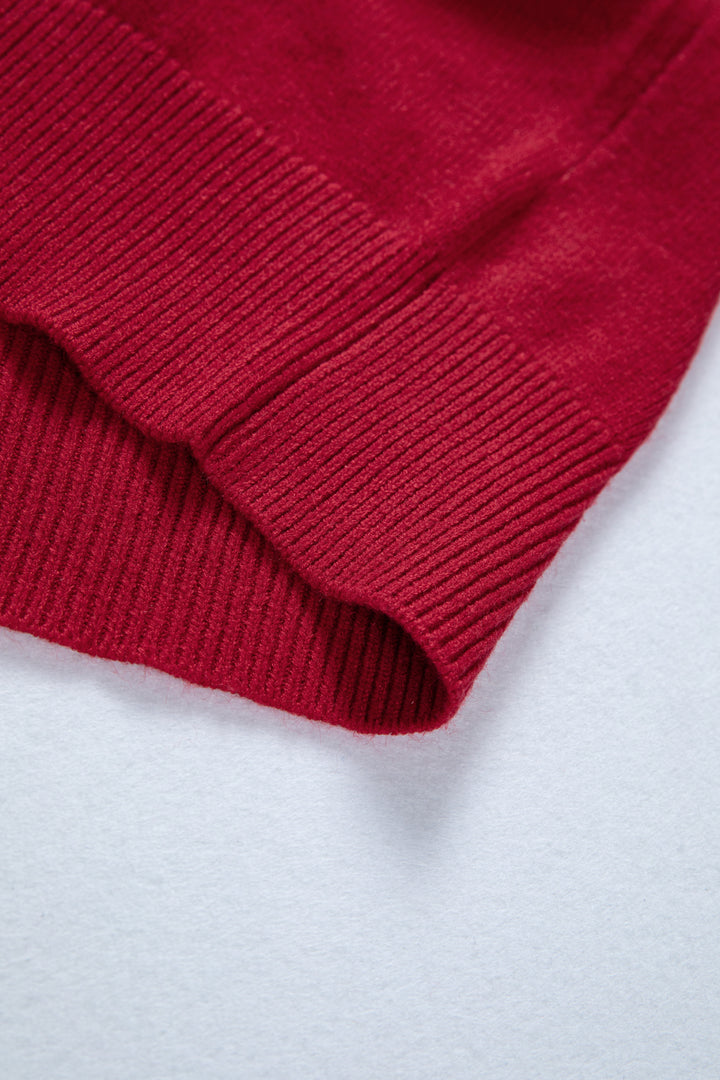 Racing Red Lace Trim Patchwork Buttoned Cuffs Loose Sweater