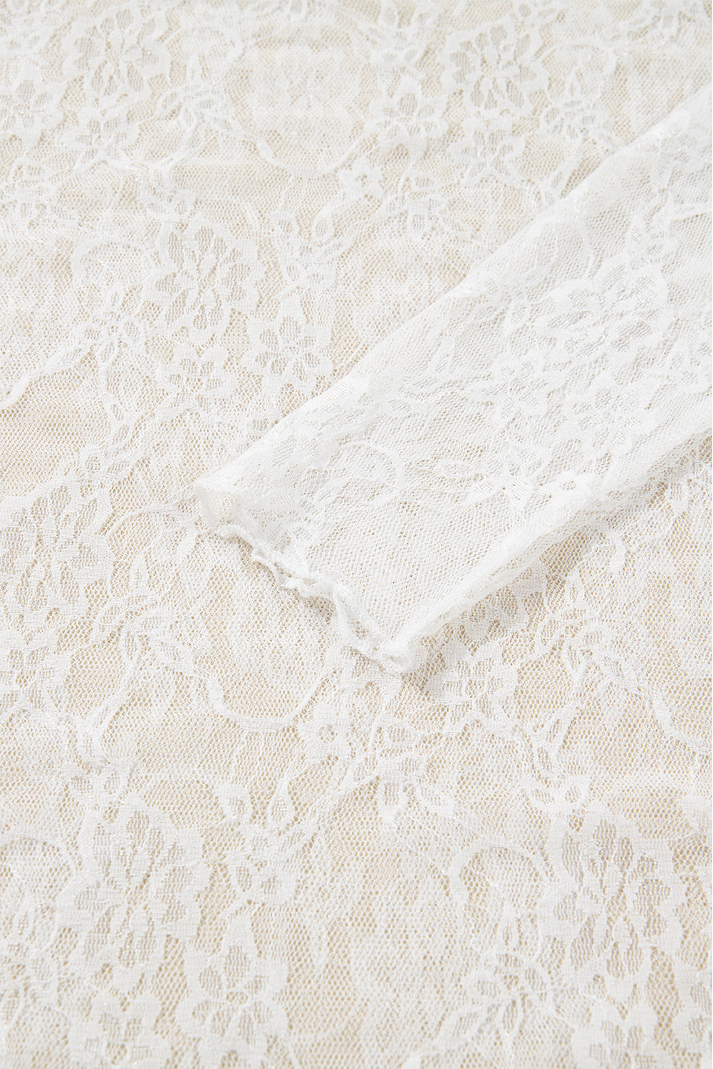 White Sheer Lace Mesh Mock Neck Slim Fit Long Sleeve Top