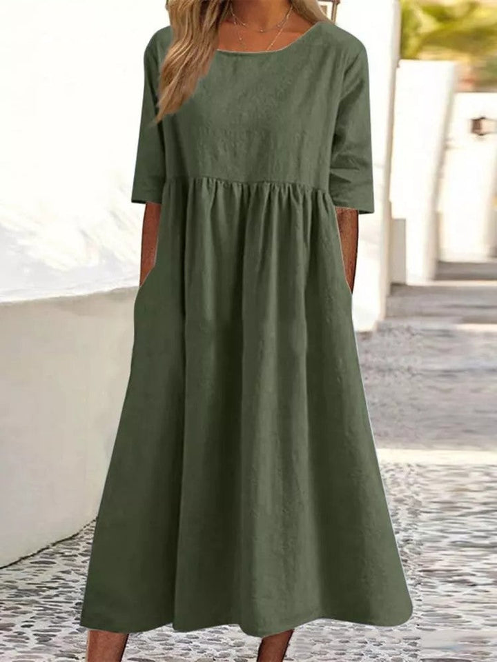 Plus Size Cotton Linen Midi Dress | Round Neck Pocket Dress