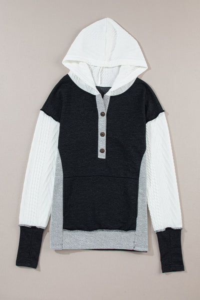 Black Color Block Textured Buttoned Kangaroo Pocket Hoodie