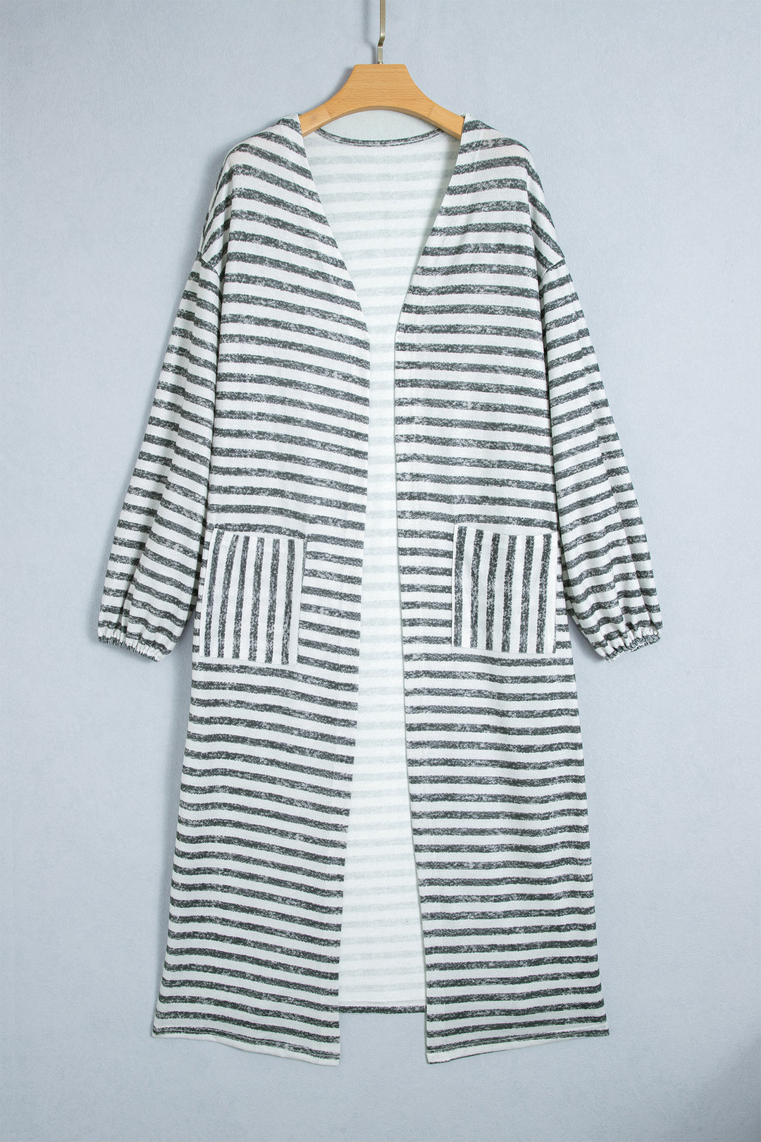 Khaki Stripe Long Puff Sleeve Open Front Oversized Long Cardigan
