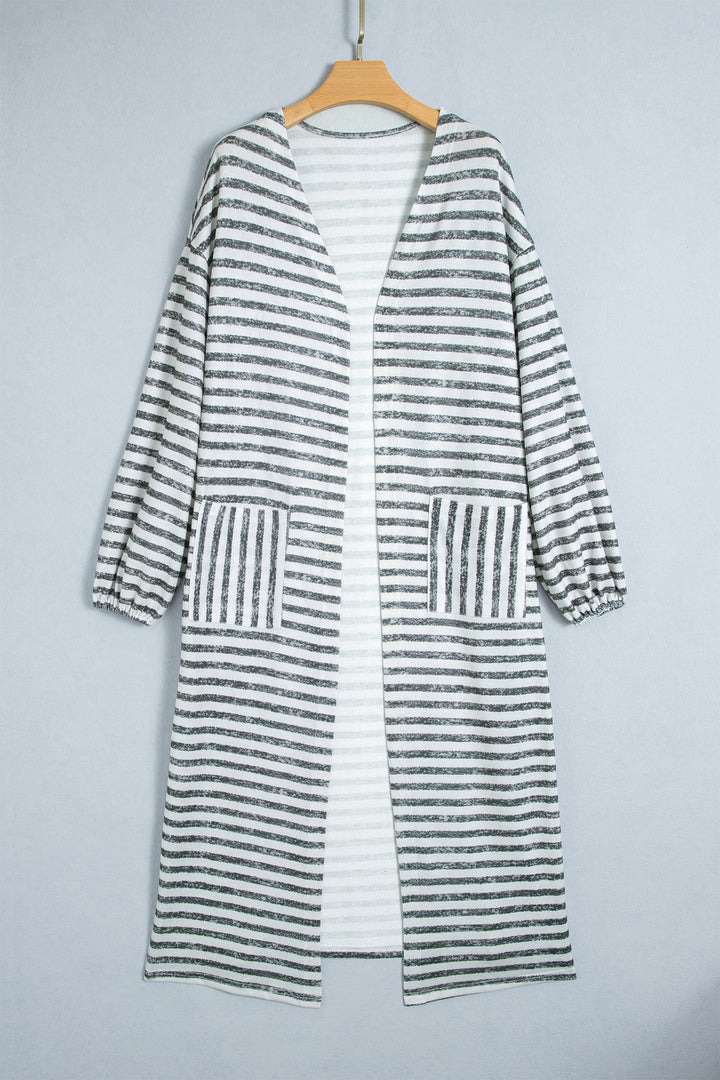 Khaki Stripe Long Puff Sleeve Open Front Oversized Long Cardigan