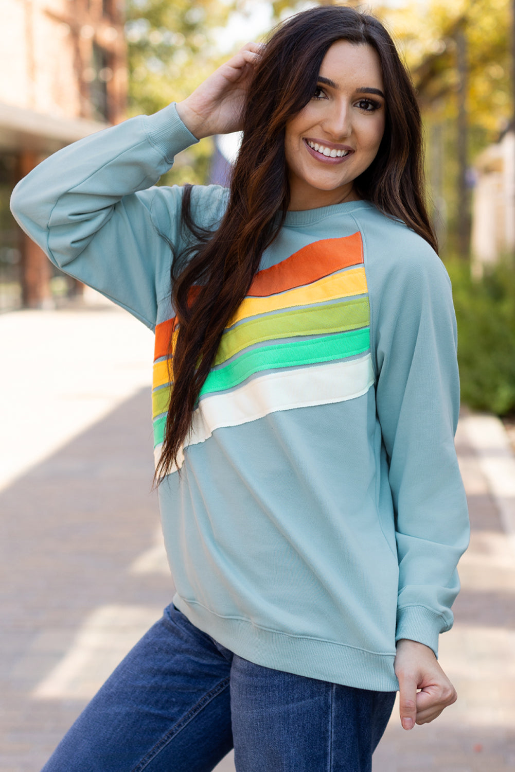 Beau Blue Rainbow Colorblock Striped Pullover Sweatshirt