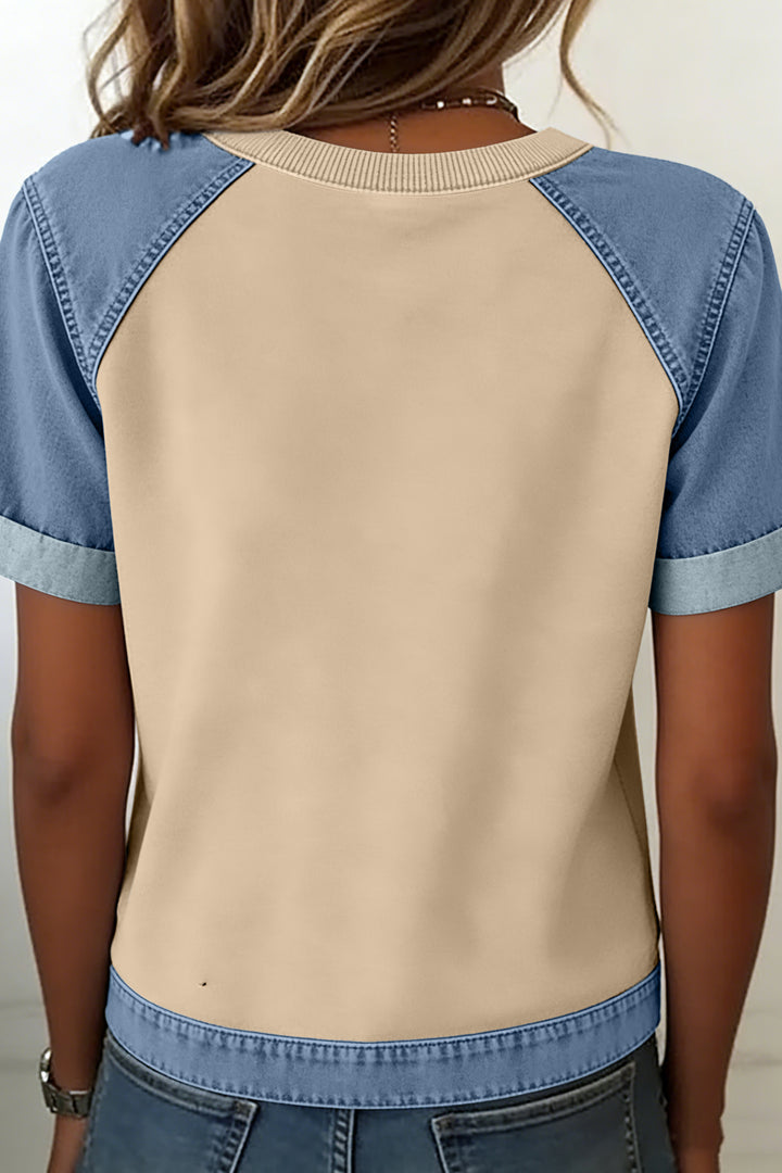 Beige Denim Color Block Patchwork Round Neck Tee