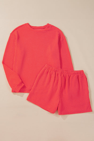 Casual Corded Knit Long Sleeve Top and High Waist Shorts Set