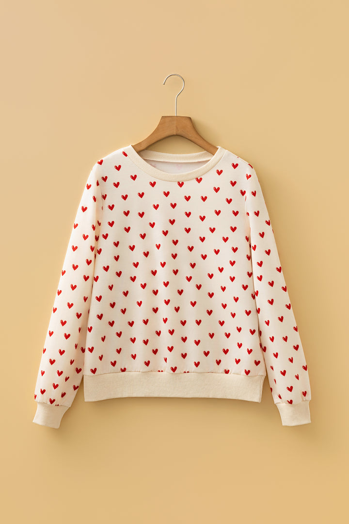 Beige Heart Print Round Neck Long Sleeve Regular Fit Sweatshirt