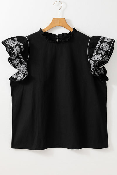 Black Embroidered Ruffled Sleeve Frilled Collar Blouse