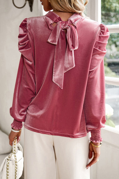 Peach Blossom Fiery Mock Neck Puff Sleeve Velvet Blouse