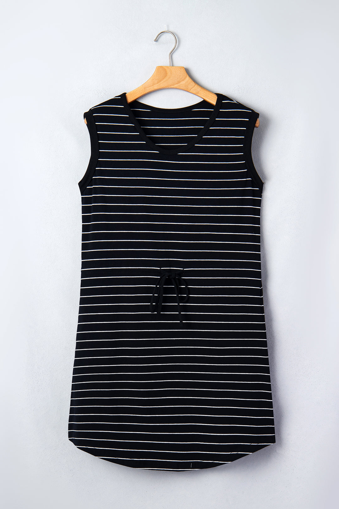 Black Stripe Drawstring Tunic Tank Mini Dress with Pockets