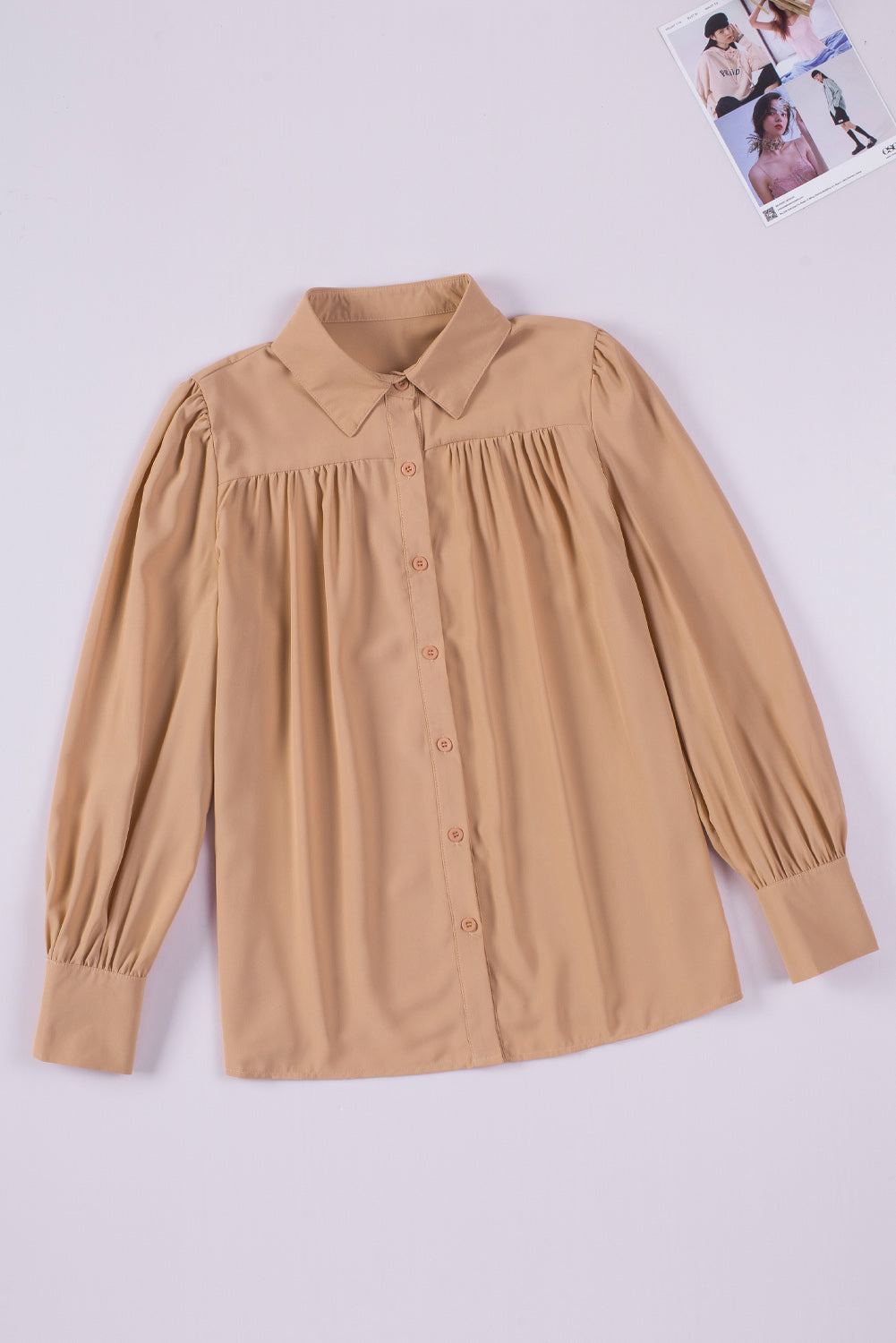 Khaki Solid Button-up Loose Long Sleeve Shirt