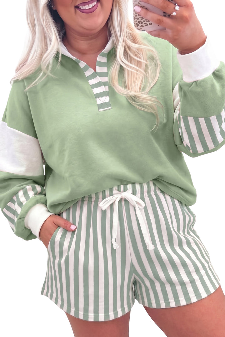 Smoke Green Striped Patchwork V Neck Two Piece Shorts Plus Size Set