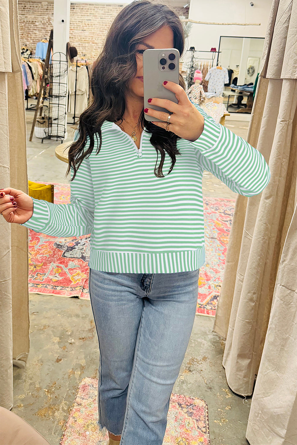 Blue Stripe Quarter Zip Collar Pullover Long Sleeve Top