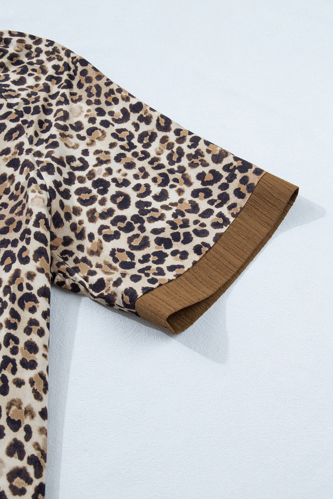 Brown Plus Size Leopard Print Crinkled Colorblock Patchwork V Neck Blouse