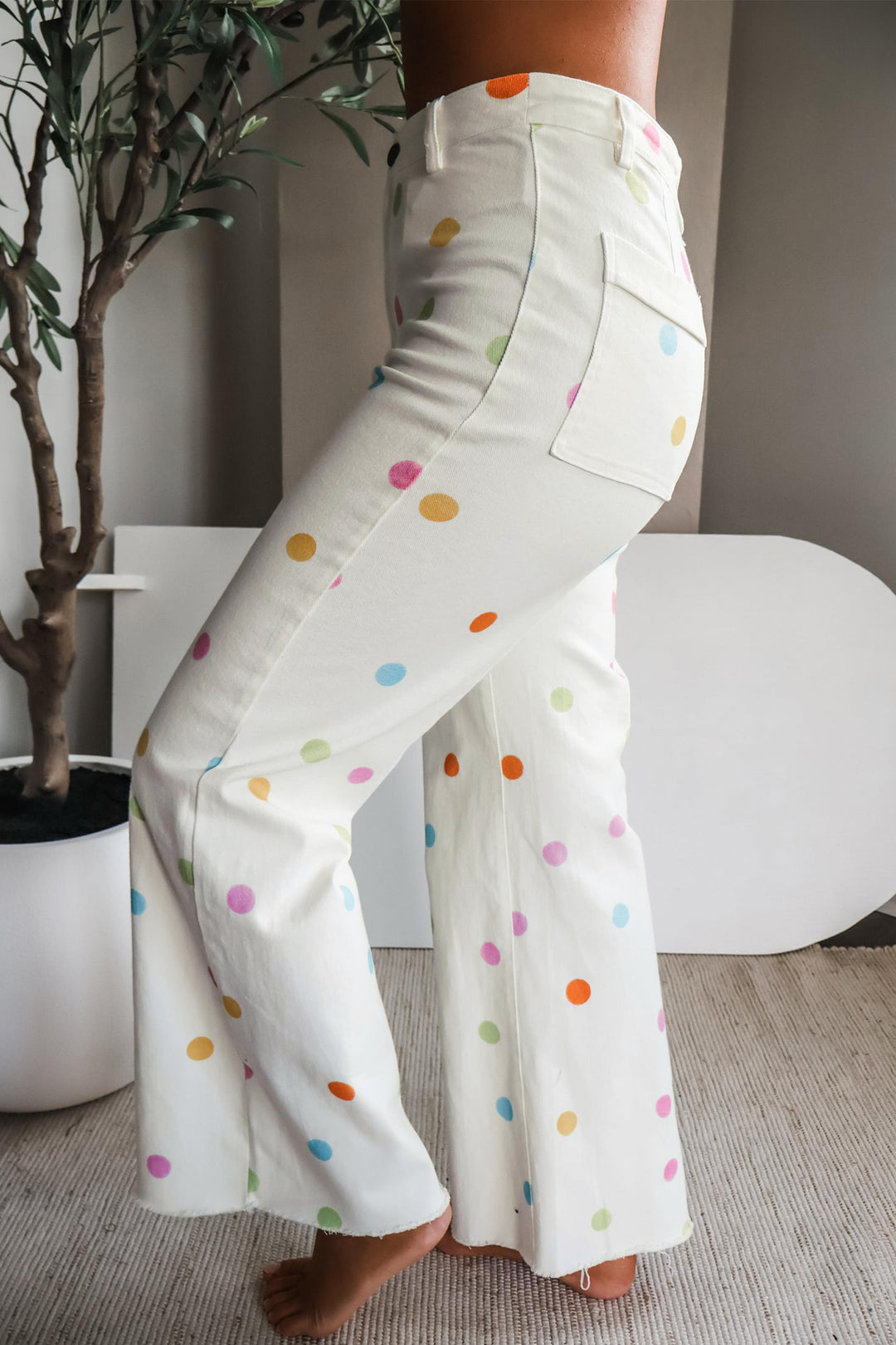 White High Waist Polka Dot Straight Leg Casual Jeans