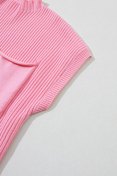 Pink Patch Pocket Ribbed Knit Short Sleeve Sweater