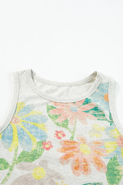 Beige Floral Crew Neck Crop Tank Top