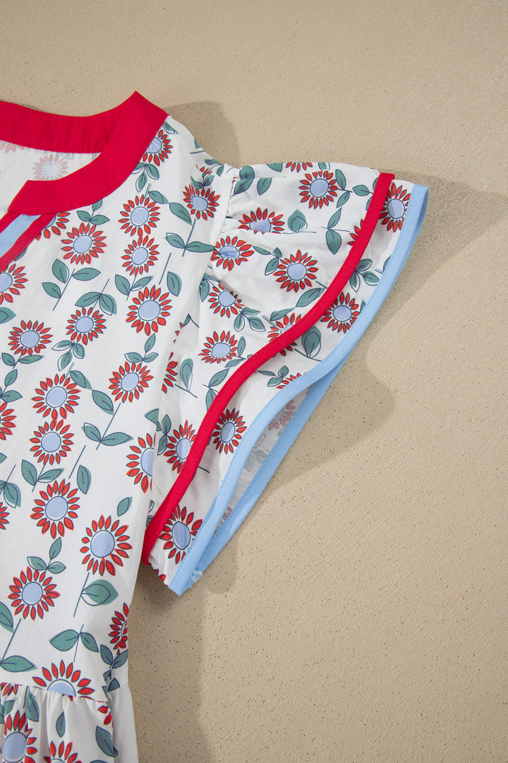 Sky Blue Floral Print Contrast Trim Flutter Sleeve Mini Dress