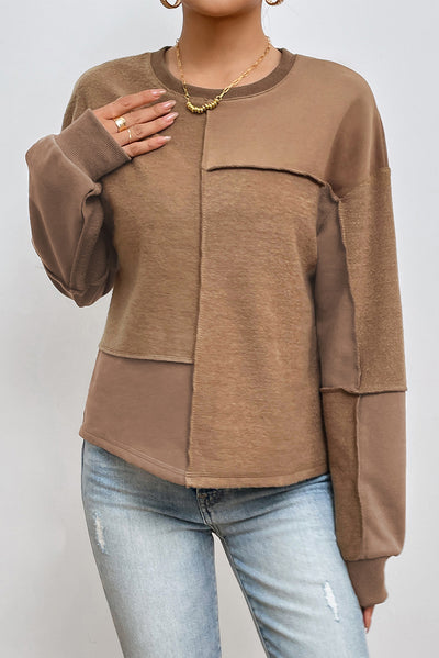 Coffee Solid Exposed Seam Pullover Sweatshirt