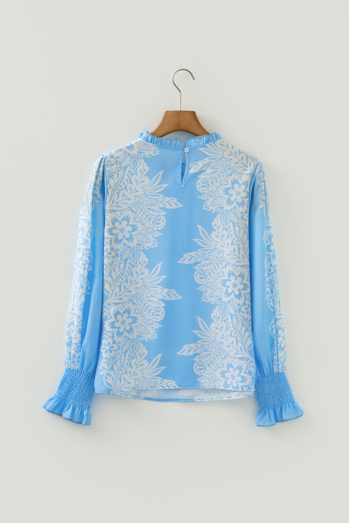 Sky Blue Ruffled Collar Puff Sleeve Flower Blouse