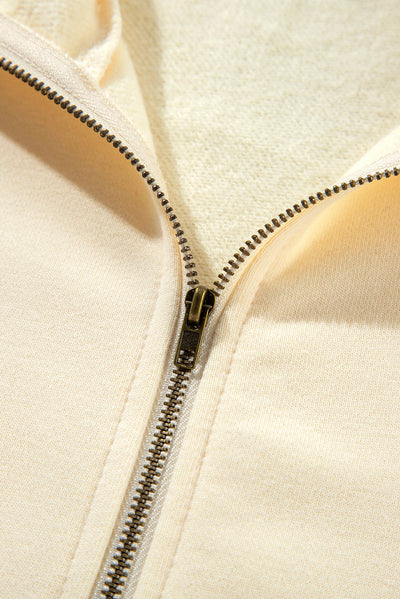 Beige Fleece Lined Half Zipper Kangaroo Pockets Loose Hoodie