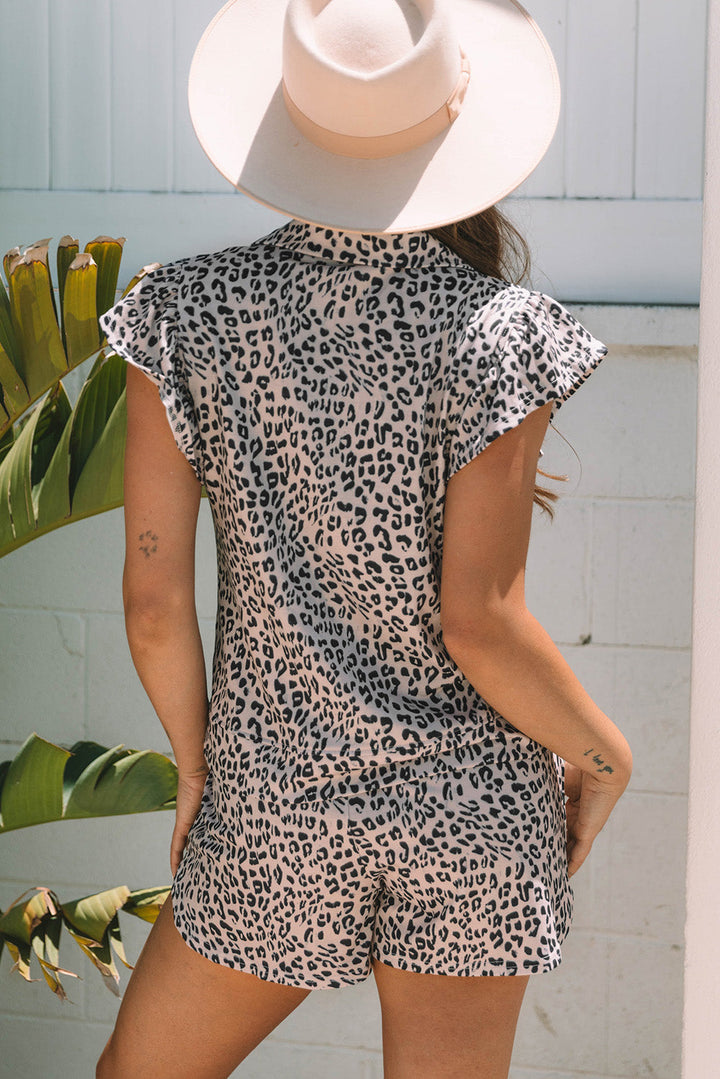 Leopard Half Zipper Collared Ruffled Sleeve Top and Short Set
