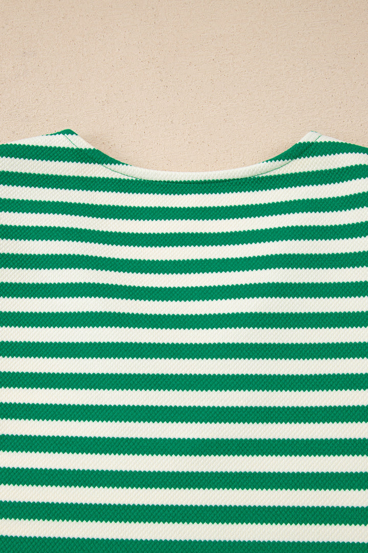 Green Stripe Puff Short Sleeve Patchwork V Neck Blouse