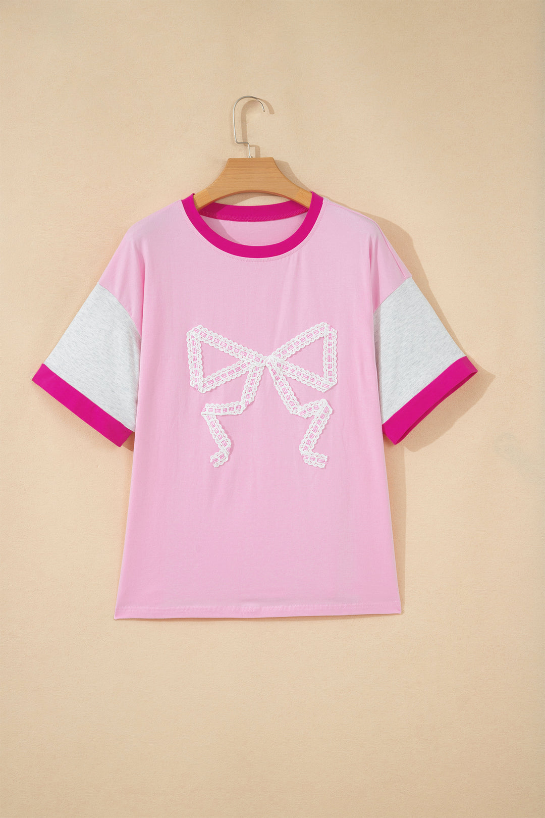 Gossamer Pink Embroidered Bow Detail Color Block Loose Tee