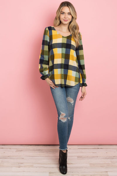 V-Neck Ruffle Sleeves Plaid Top