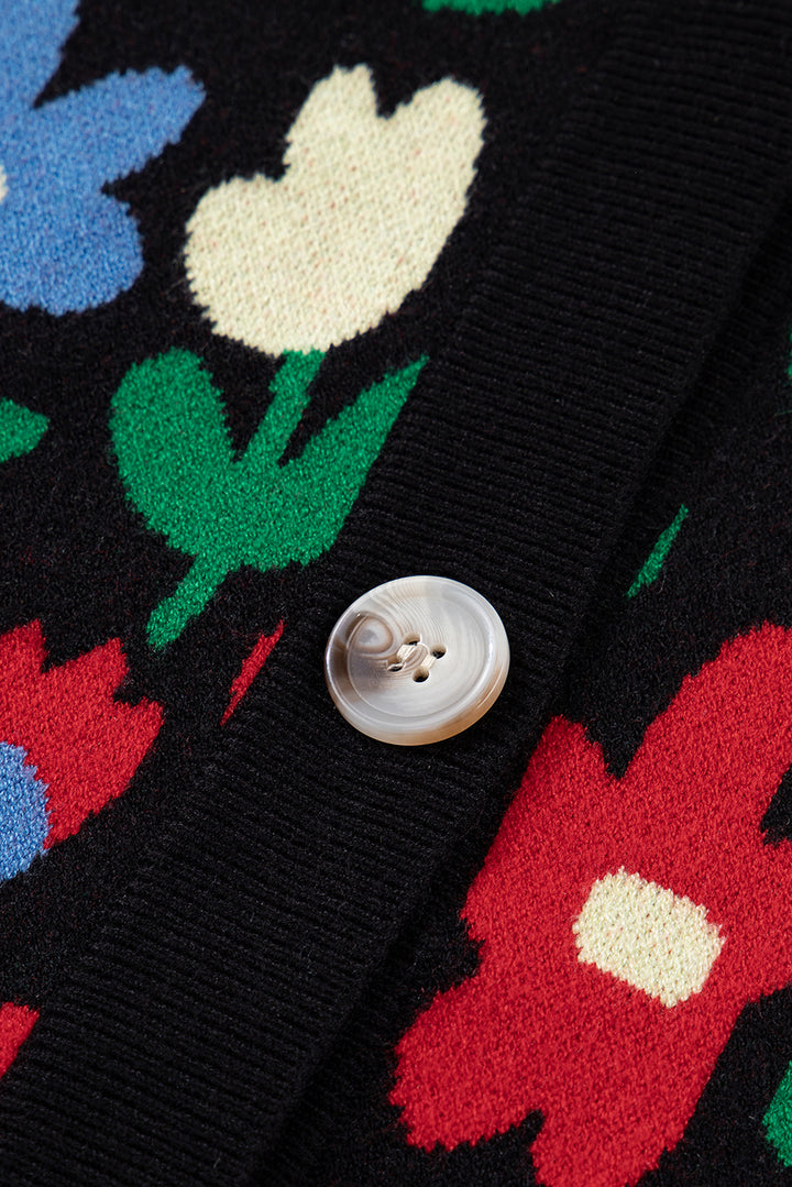 Black Floral Print V Neck Buttoned Short Cardigan Sweater