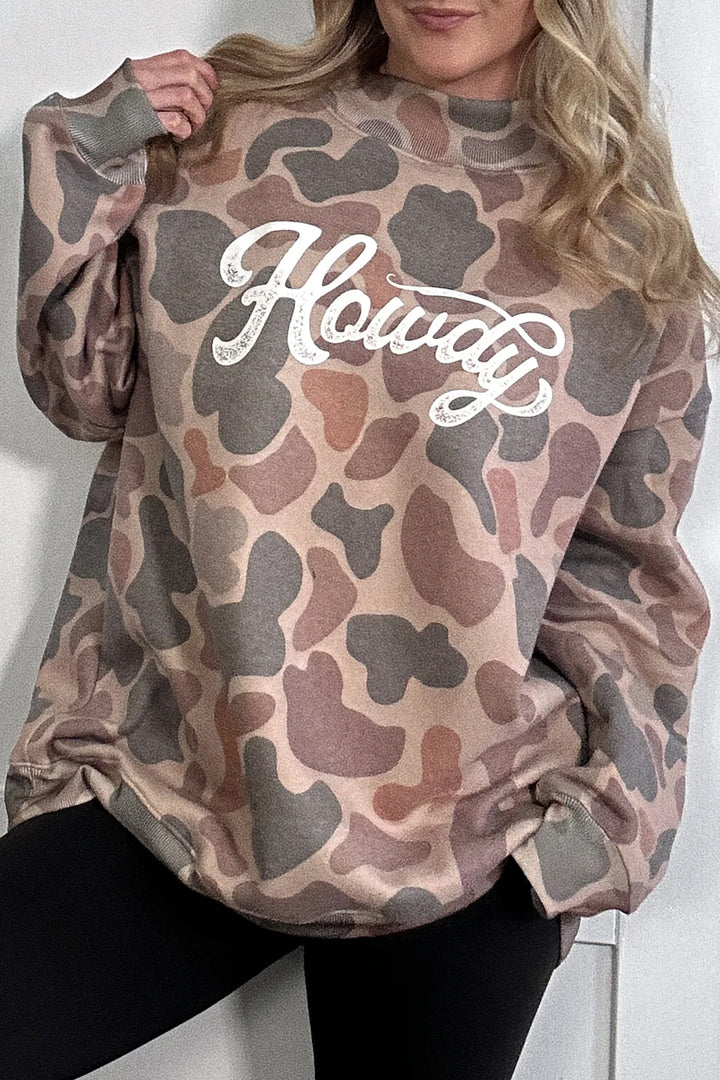 Multicolour Camo Print Howdy Western Style Baggy Pullover Sweatshirt