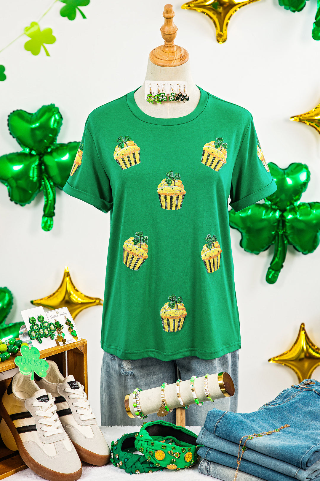 Bright Green St Patricks Day Sequin Cupcake Graphic T Shirt