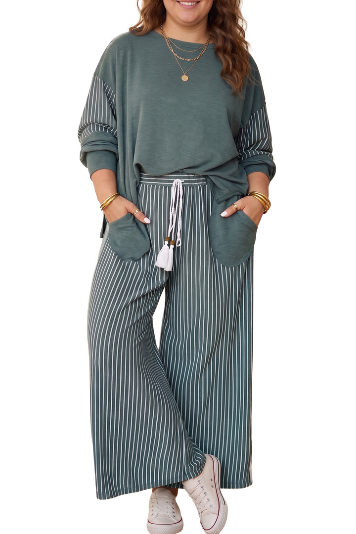 Green Bay Striped Patchwork Long Sleeve Casual Plus Size Two-piece Outfit