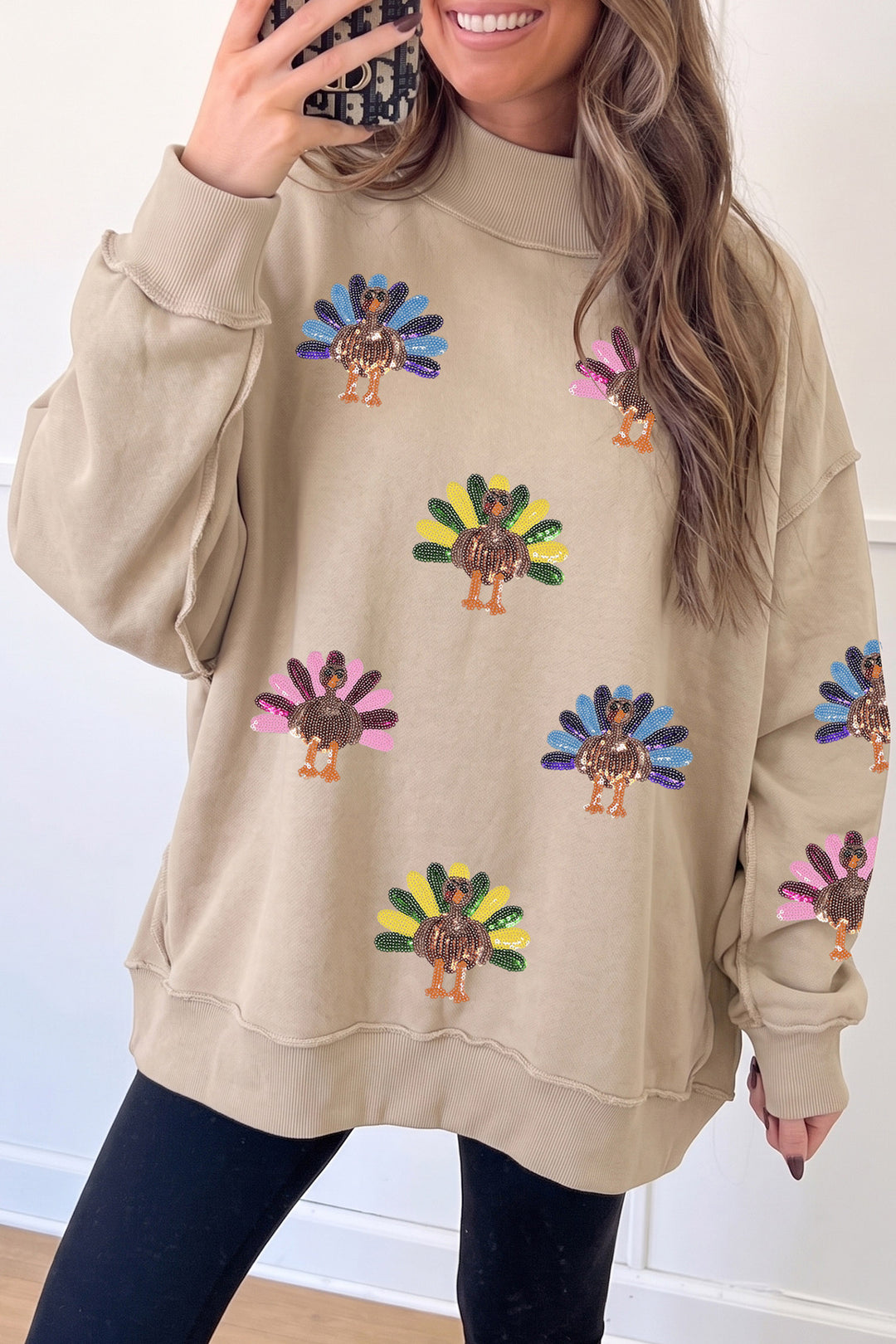 Apricot Sequined Turkey Exposed Seam Thanksgiving Graphic Sweatshirt