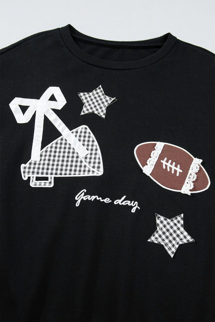 Black Gingham Patch Embroidered Rugby Game Day Stars Sweatshirt