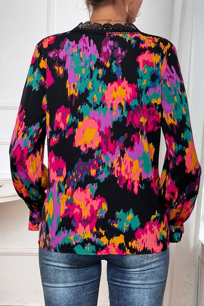 Black Abstract Printed Flounce Sleeve Lace V-Neck Blouse