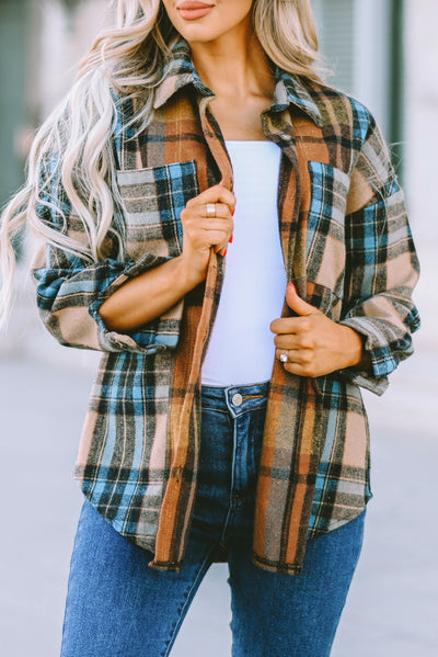 Brown Plaid Color Block Buttoned Shirt with Pockets